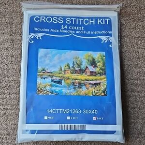Source Unknown Blue Cross Stitch Kit with Multicolor Landscape